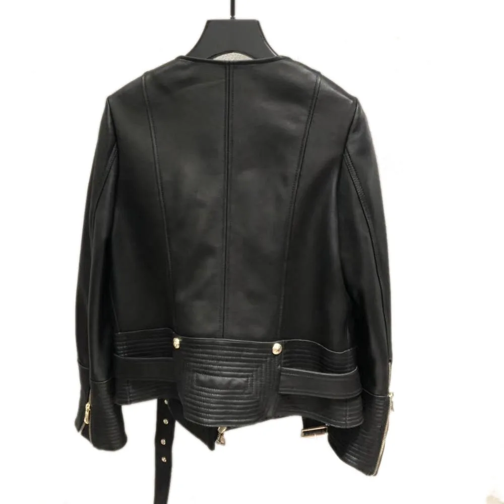 

Real Leather Jacket Women Genuine Sheepskin Leather Coat 2021 New Luxury Black Slim Motorcycle Biker Short Coats Belt Female