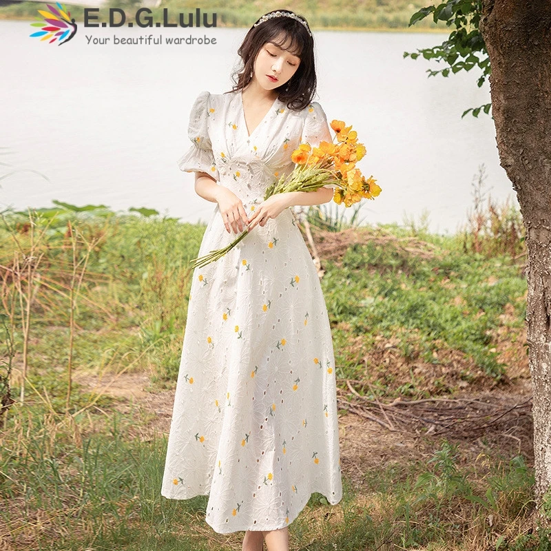 EDGLuLu/высокое качество Летние платья с v образным вырезом и короткими рукавами