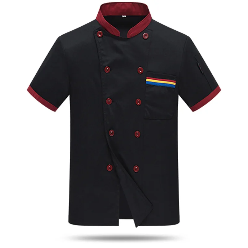 Black short sleeve Мужская рубашка с длинным рукавом, осенняя Униформа шеф-повара, костюмы для повара, для столовой, ресторана, печать, дышащие мужские топы - Цвет: Black short sleeve