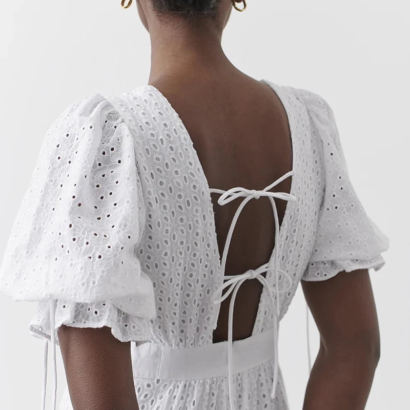 

GALCAUR Bohemian Dress For Women V Neck Puff Short Sleeve High Waist Hollow Out Ruffles Back Lace Up Dresses Female 2020 Clothes