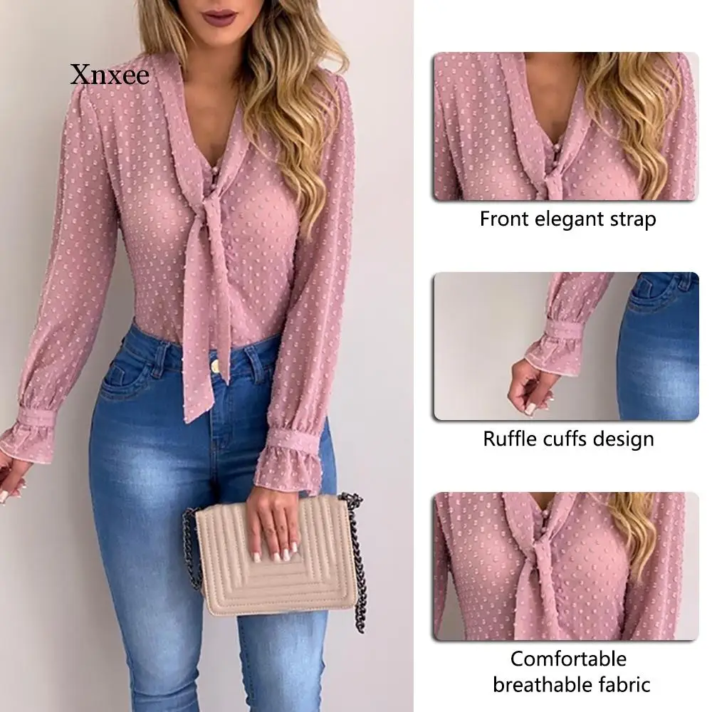 

Women New Fashion Elegant Chiffon Blouses Long Sleeve V-Neck Shirt Office Blouse Slim Casual Female Polka Dot Top Clothing