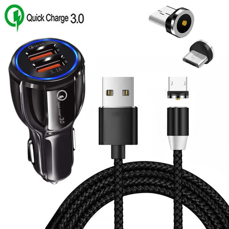 charger and cable QC 3,0 быстрое автомобильное зарядное устройство магнитный Micro USB кабель для samsung galaxy A7 A10 Honor 8X 7A htc One M9 Desire 12 Android телефон - Тип штекера: charger and cable
