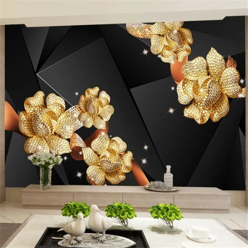 Beibehang Custom wallpaper 3d mural black high-grade diamonds rose jewelry flower jewelry papier peint TV background wall paper