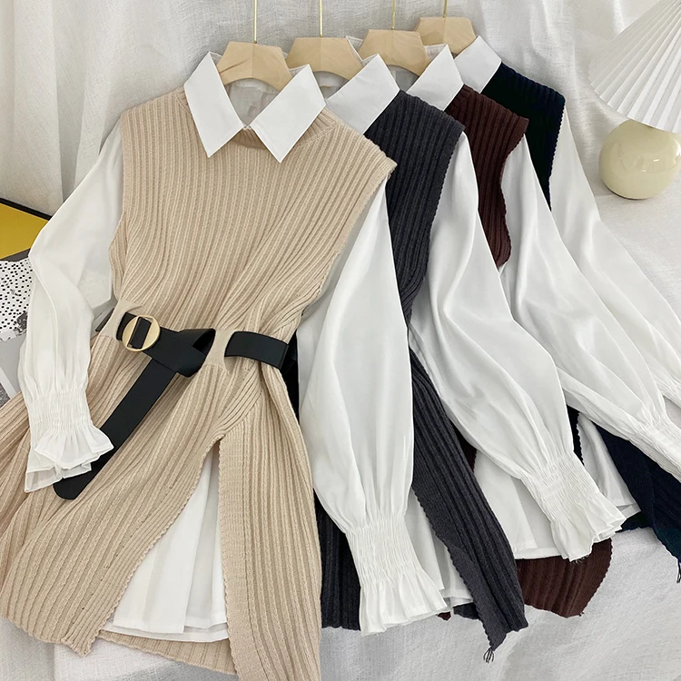 

2021 Korean Spring Autumn Women Knitted Pullovers Vest + White Blouse Casual Belt Suit Two Piece Set Conjuntos Mujer