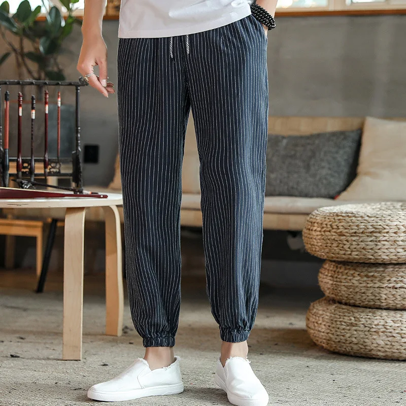 

2021 pants men's casual pants spring and summer new youth linen pants solid color loose rope foot thin pants