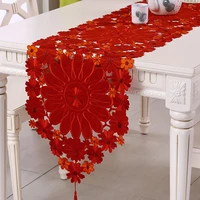 christmas embroidered table runner hollow out polyester lace tablecloth mat red fashion floral home for wedding party decoration