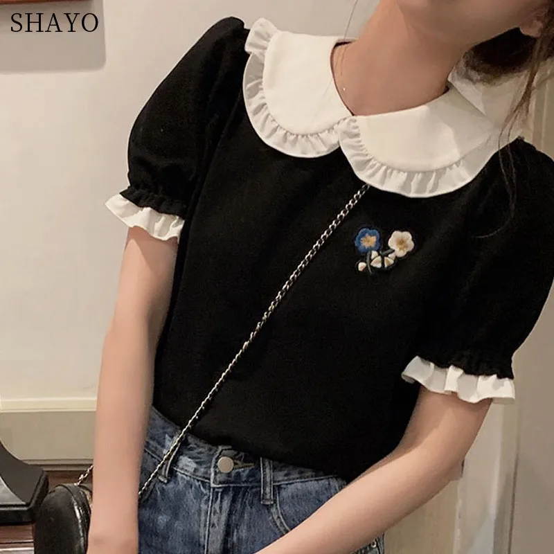 Женская летняя блузка с воротником Питер Пэн черные топы коротким рукавом