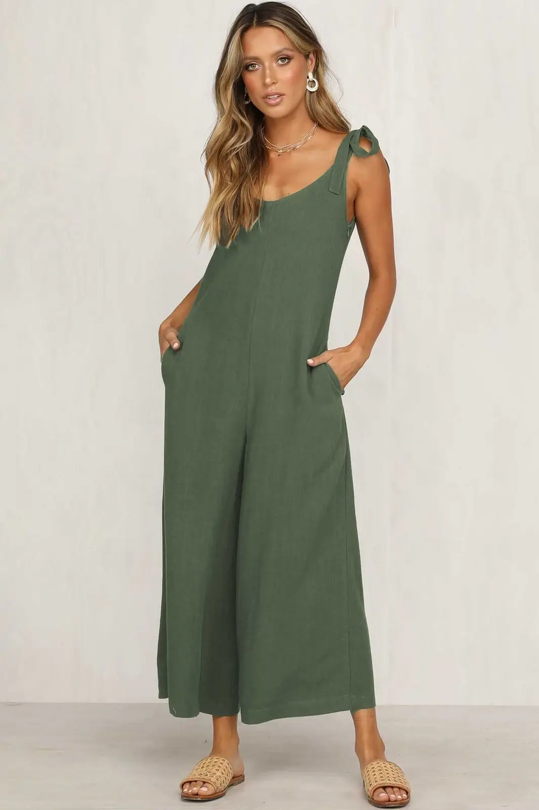 Rompers 2021 Summer new Women Casual Loose Linen Cotton Jumpsuit Sleeveless Backless Playsuit Trousers Overalls