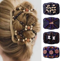 1pc vintage natural wood double beaded elastic hairpin hair comb beaded hair magic comb clip beads pin ladies hair accessories