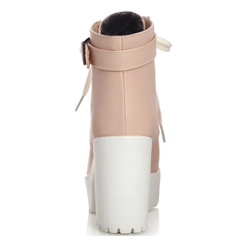 Женские ботинки на платформе розовые ботильоны толстом каблуке со шнуровкой