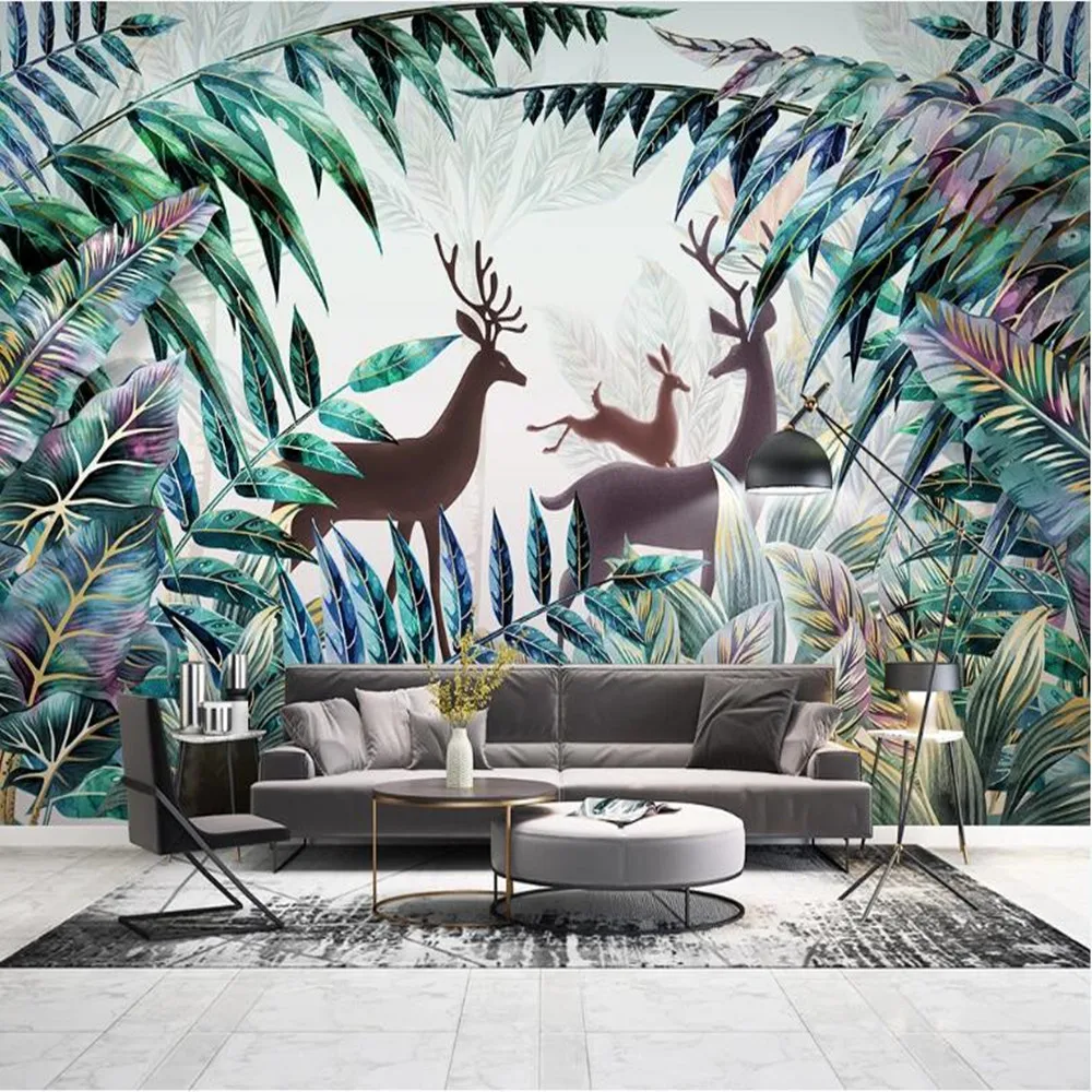 

milofi custom large 3d wallpaper mural forest elk hand painted tropical plants TV background wall