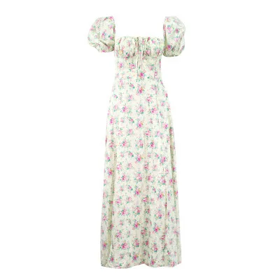 

YICIYA Vintage Floral Dress Women Summer Square Collar Puff Sleeve Long Dress Sexy Off Shoulder Side Split A-line Dress 2021