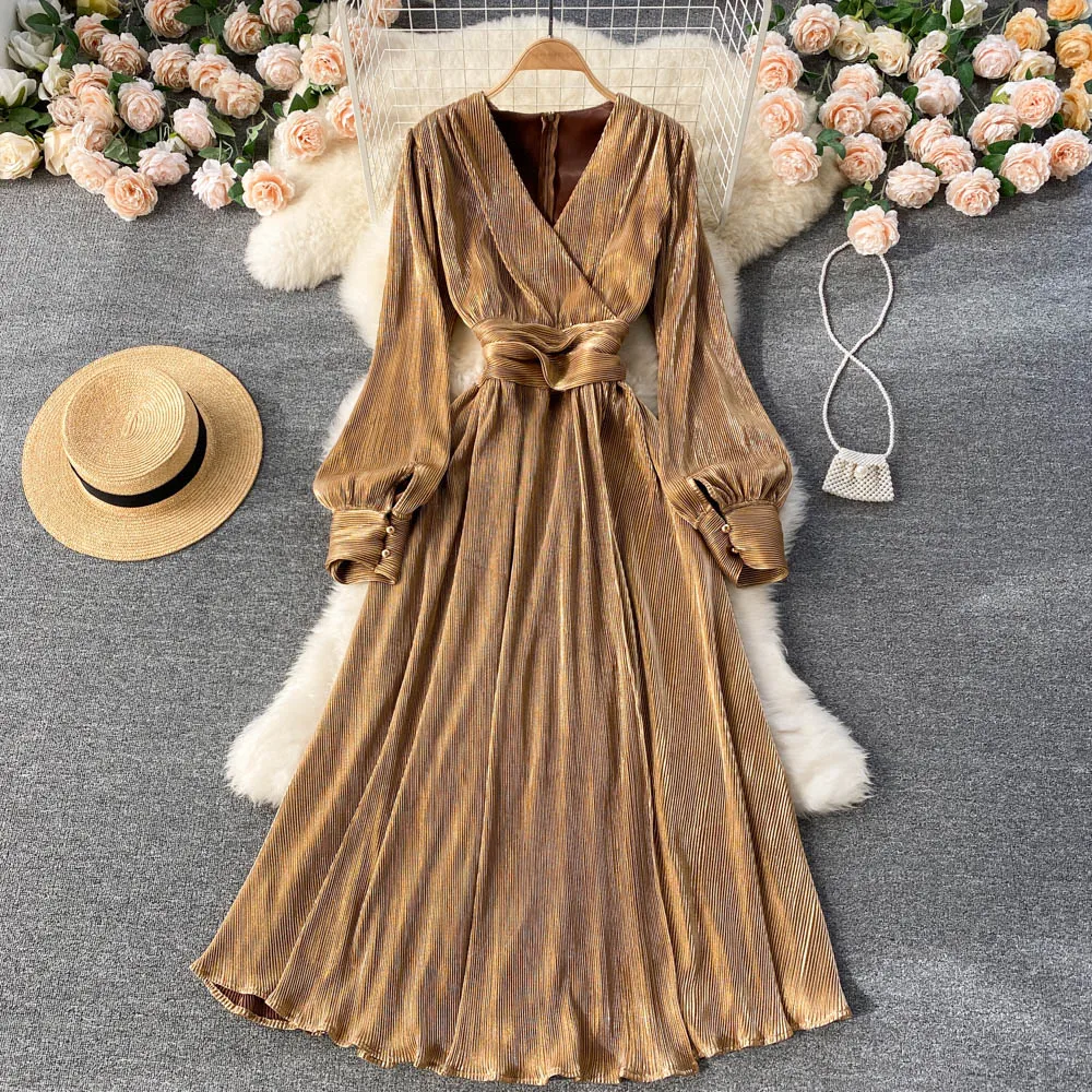 

Aibeautyer New Autumn Casual Solid Slim Full Lady Dress A Line V Neck Chiffon Pullover Mid-Calf Women High Waist Dresses