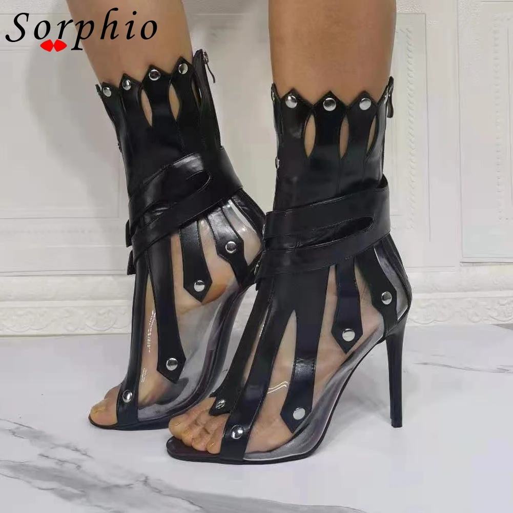 

New Arrival Clear Black Peep Toe Sandals Summer Boot Pionted Rivet High Heeled Shoes For Women Fashion Sexy Evening Stiletto