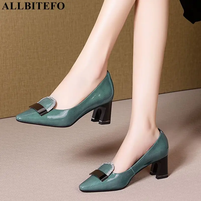 

ALLBITEFO high quality genuine leather thick heels party women shoes brand high heels office ladies shoes women heels size:34-42