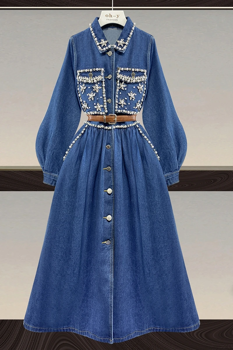 

Spring Denim Dress for Women 2021 New Korean Fashion Chic Beaded Breasted High Waist Slimming Long Dress Students Jeans Vestidos