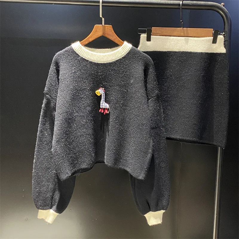 

Knitted suit 2022 autumn and winter new women Korean round neck fashion casual jacket short skirt temperament two-piece suit