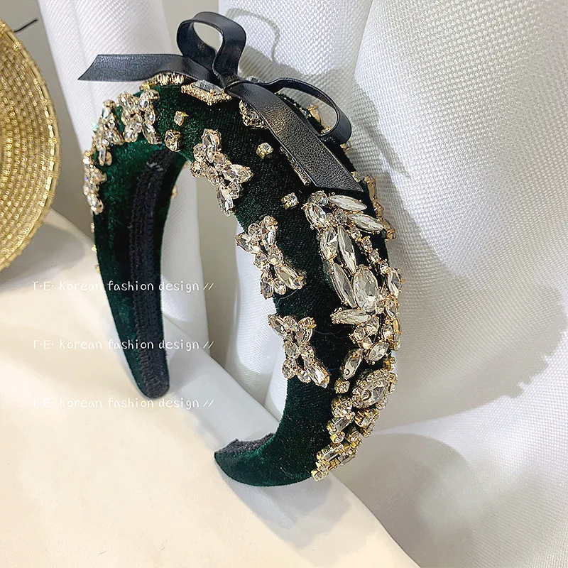 

Luxury Rhinestone Sponge Ladies Pink Green Headband Velvet Thick Sponge Headband Female Baroque Crystal Bow Hairband Hair Gift