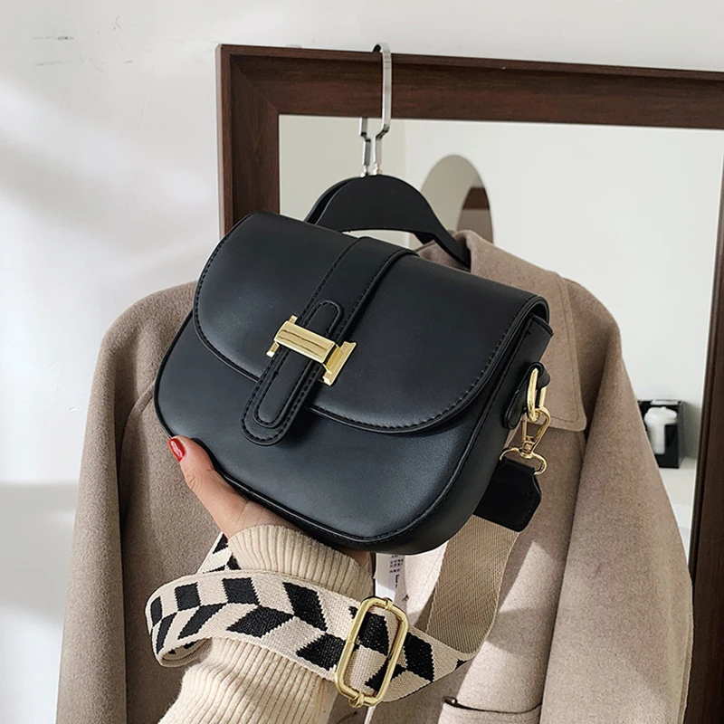 

Solid Color Flap Women's Saddle Bag Pu Leather Trendy Wide Strap Designer Handbag Luxury Female Small Shoulder Crossbody Bags
