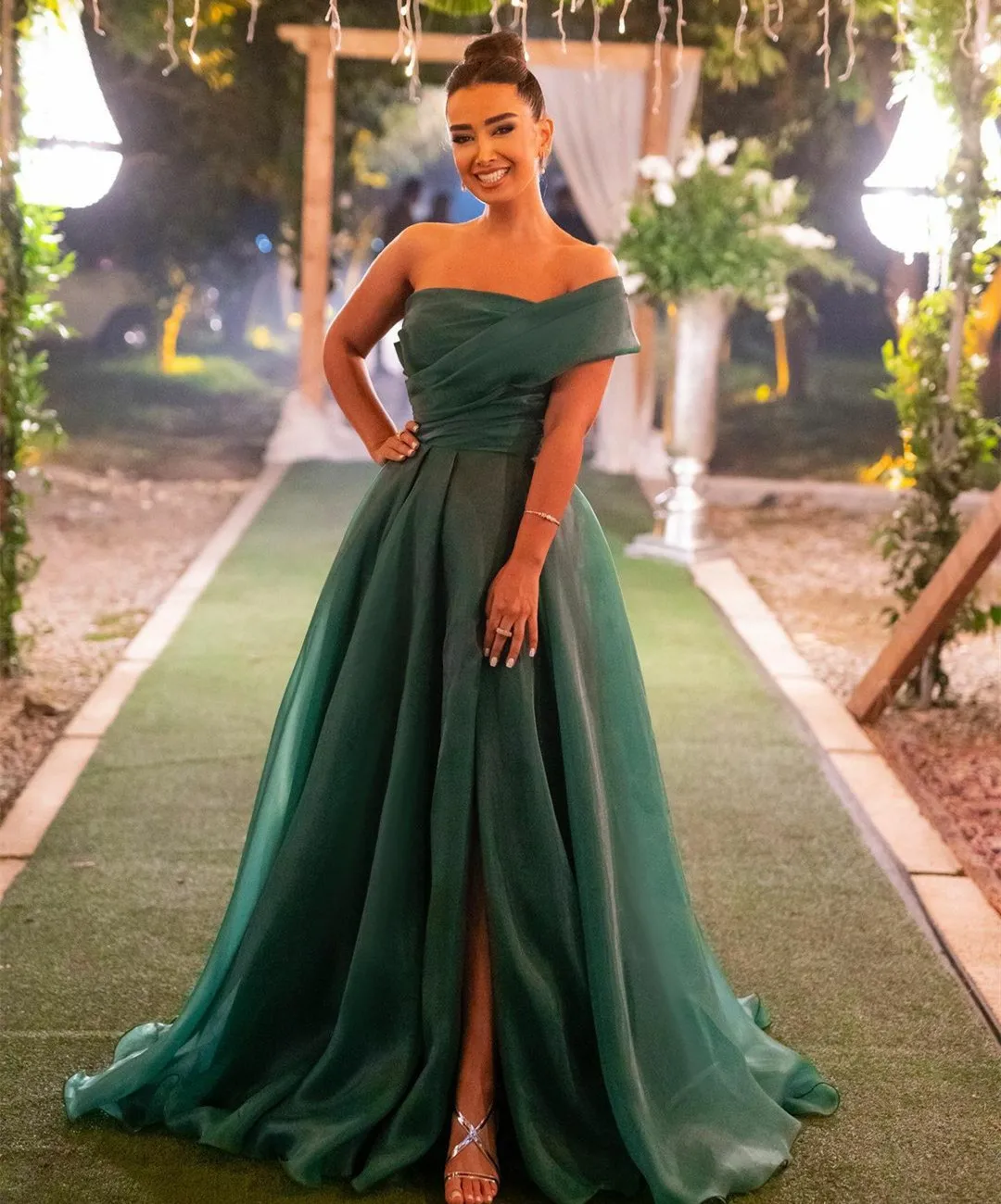 Длинные Зеленые Вечерние платья-трапеция с разрезом платье на одно плечо для