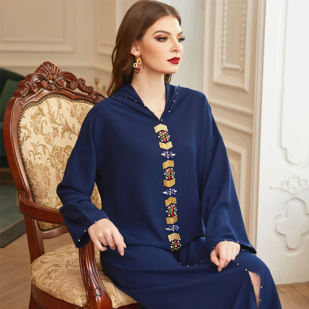 

Tibetan Blue Gold Tube Moroccan Style Middle Eastern Light Luxury Hand-sewn Diamond Robe Abaya Muslim Women's Clothing