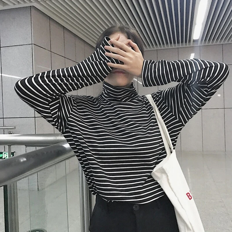 Black White Striped Long Sleeve Tshirts Women Loose T-shirt Fashion Korean Style School Students Females | Женская одежда