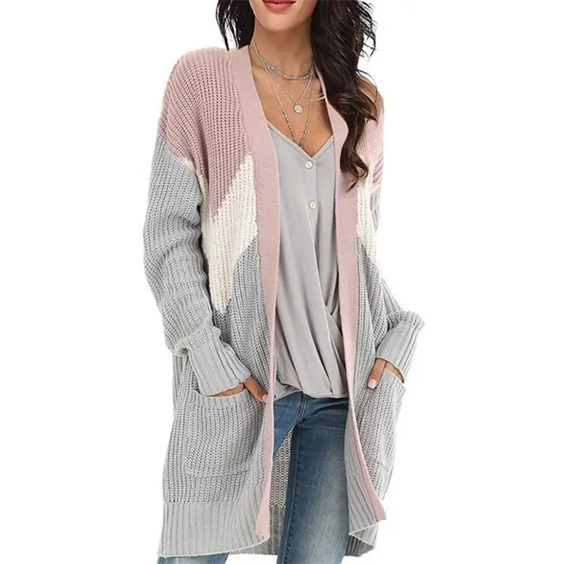 

Women Long Sleeve Knitted Cardigan Geometric Color Block Patchwork Loose Sweater V Striped Printed Open Front Knee Length Outwea