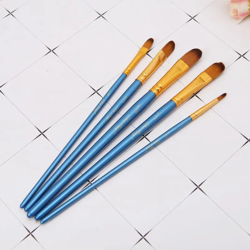 

QX2B 5Pcs Artist Paint Brush Set Nylon Bristles Hair Watercolor Acrylic Oil Painting Round Slant Pen Tip Wood Handle Drawing Art