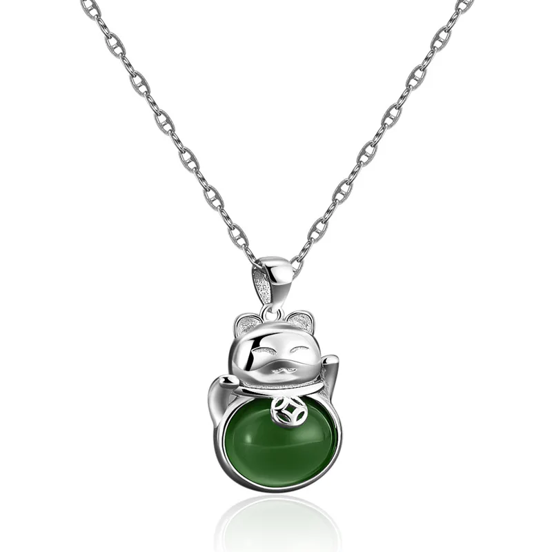 

S925 Sterling Silver Necklace Female Lucky Cat Chalcedony Sterling Silver Pendant Ins Personality Necklace Silver Necklace