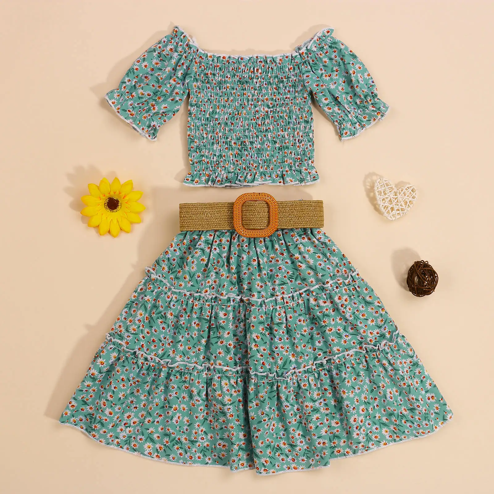 

1-6 Years Baby Girls Clothes Casual Three-piece Floral Set Off Shoulder Short Sleeve Crop Tops Long Skirt and Waistband