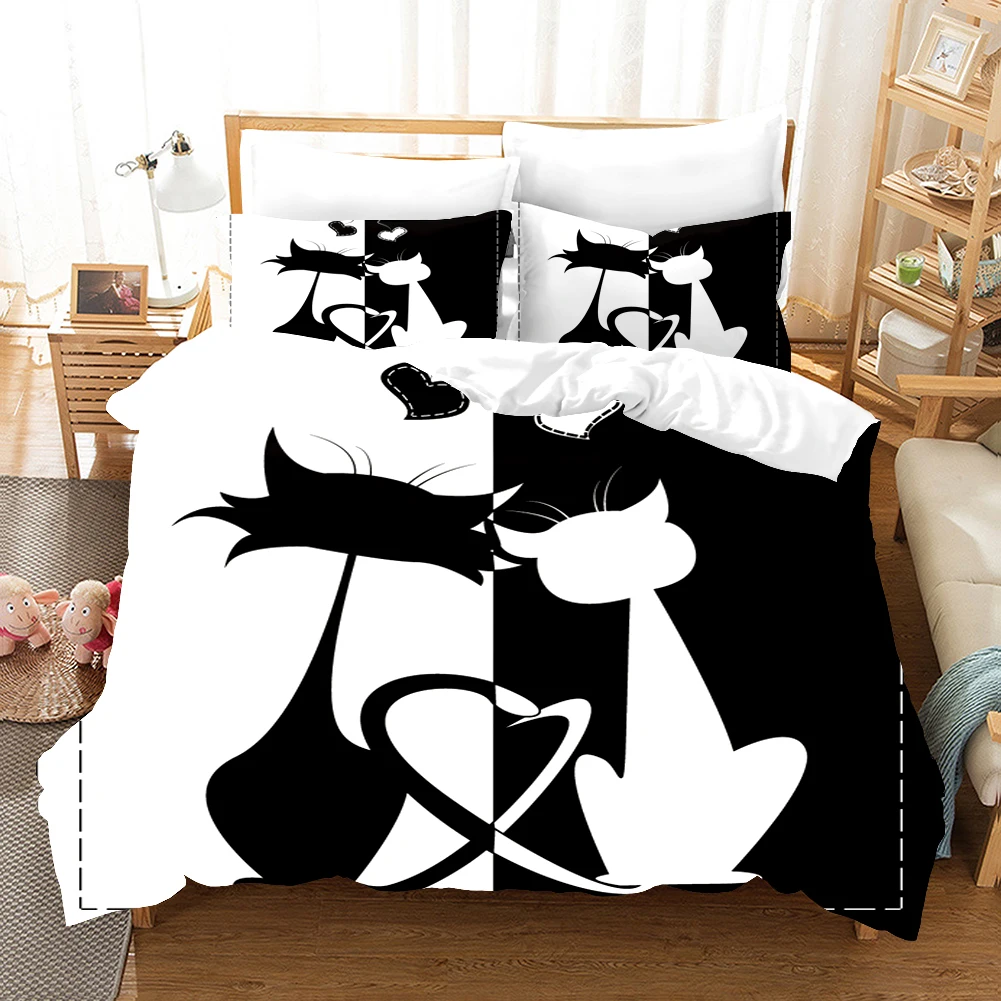 

Cartoon Cat Bedding Set For Kids Children Girls Baby Black And White Quilt Duvet Cover Set Pillowcase Simple Comforter Cover