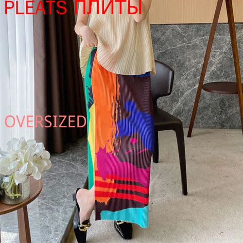 

Miyake Pleated Print Skirt Summer New Style High Waist Mid-length Pleated Skirt with Slits on Both Sides PLEATS Long Skirt