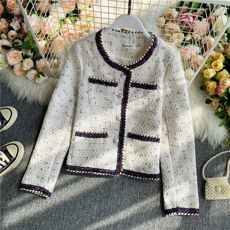 Женское твидовое пальто Короткие однобортные клетчатые куртки из люрекса с