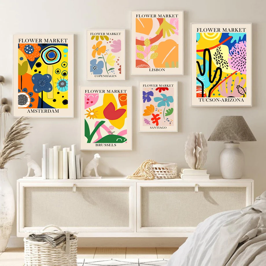 Винтажные плакаты и принты красочные цветы листья рынка Париж Картина на холсте