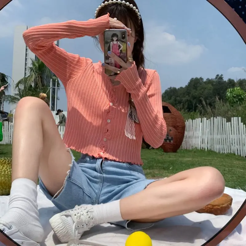 

Women Summer Long Sleeve Sunscreen Cardigan Ribbed Knit Ruffles Sweater Crop Top Button Down Solid Color V-Neck Outwear