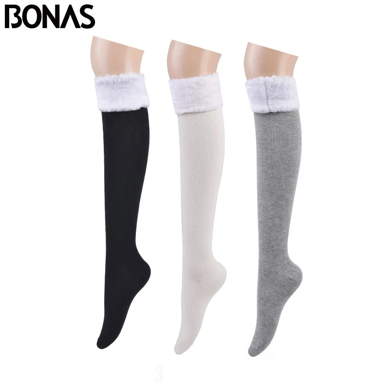 Black White Grey BONAS, 3 шт., гольфы, теплые чулки, Женские однотонные гольфы, женские хлопковые чулки для девочек, пушистые зимние носки, 53 см - Цвет: Black White Grey