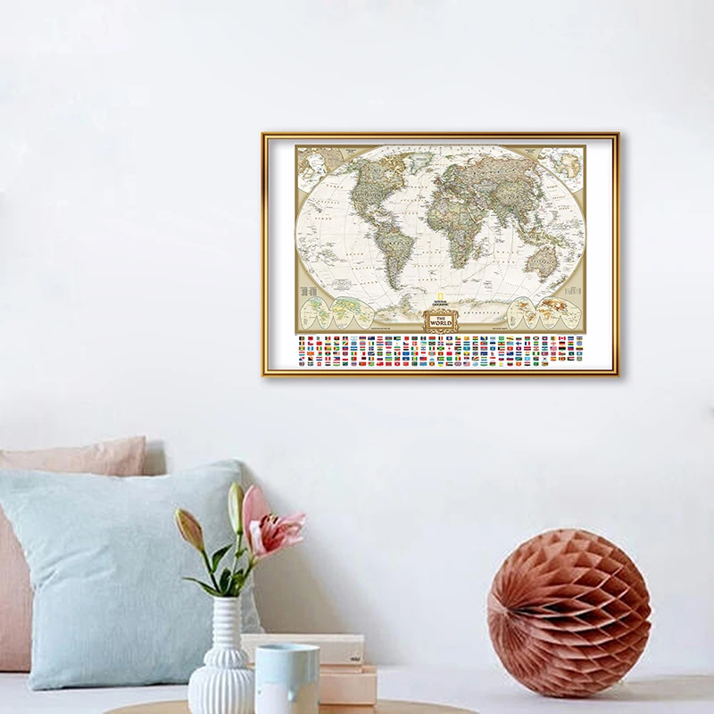 

The World Political Map with National Flags Retro Art Prints and Posters Canvas Painting Classroom Supplies Home Decor 59*42cm