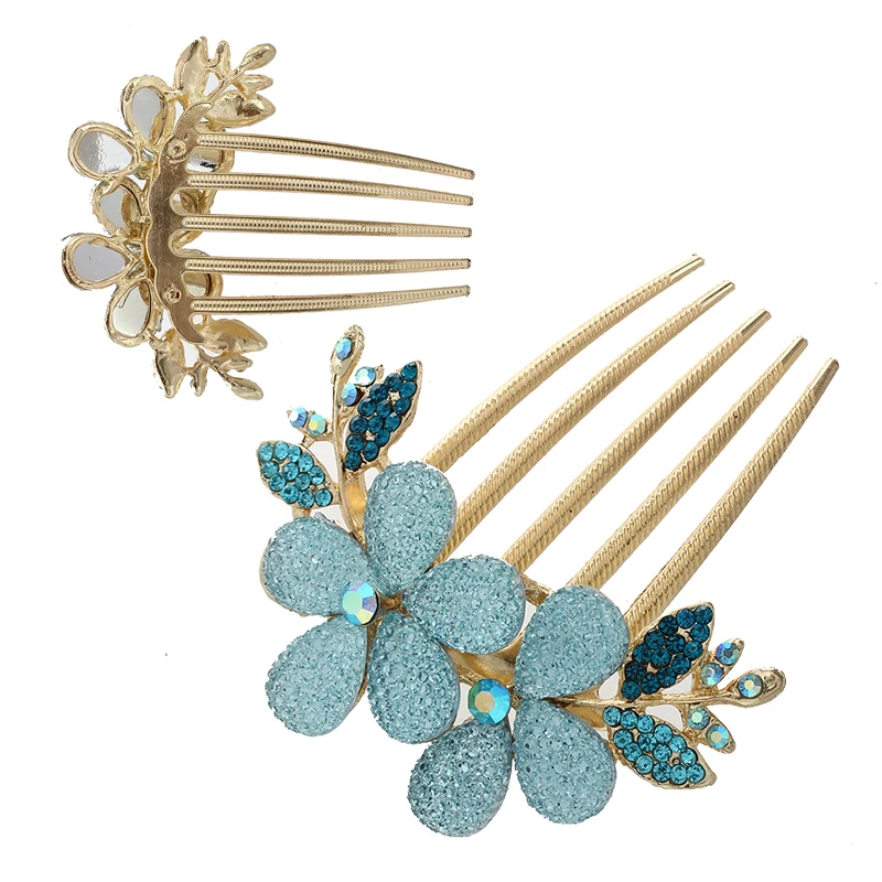 

Женский цветочный дизайн сплав Стразы Кристалл заколка для волос гребень (синий)