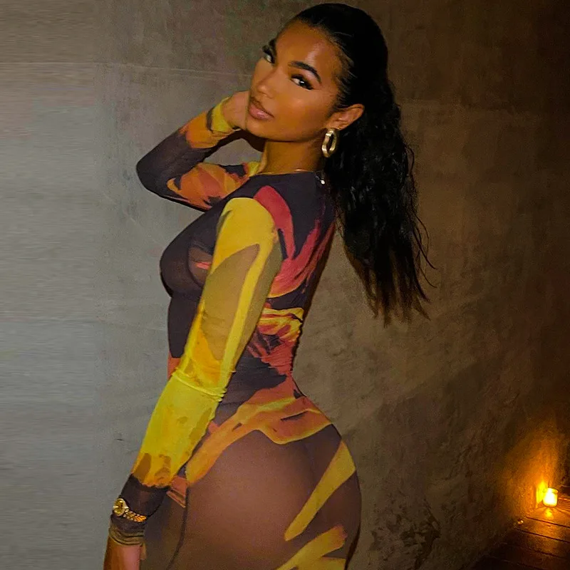 

CIBBAR Print Sexy Mesh See Through Summer Dress Women Long Sleeve Skinny Midnight Club Dresses New Fashion Female Party Clothing