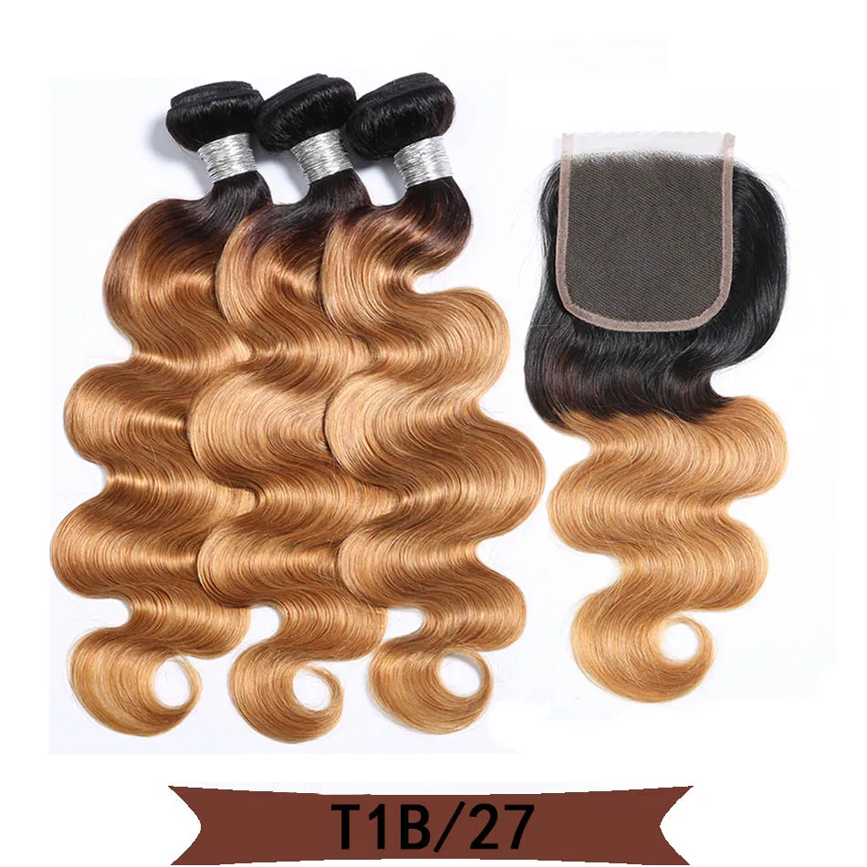 Код Calla Ombre цвет тела волна Связки с 4*4 Кружева Закрытие Необработанные бразильские необработанные девственные человеческие волосы Weft расширение - Цвет: T1B/27