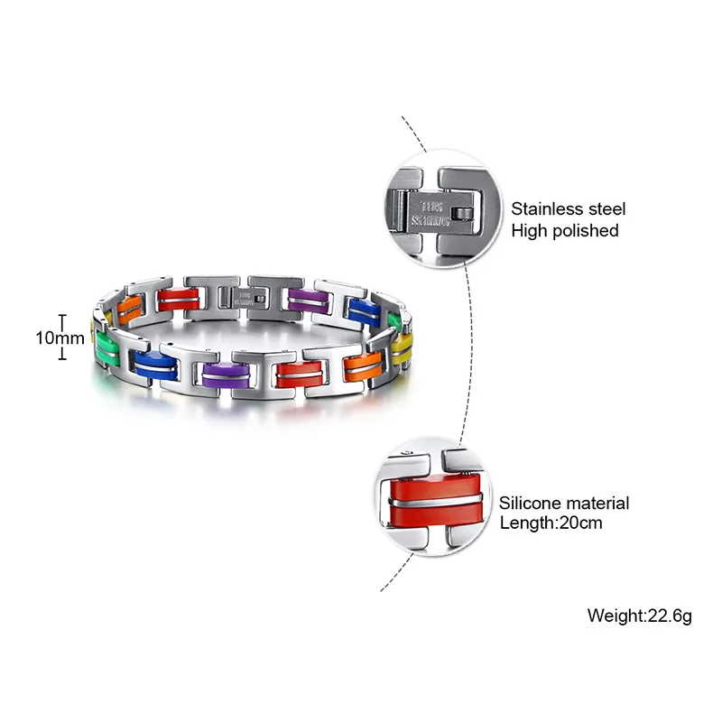 Силиконовый браслет из нержавеющей стали 316L мужской с радужной застежкой