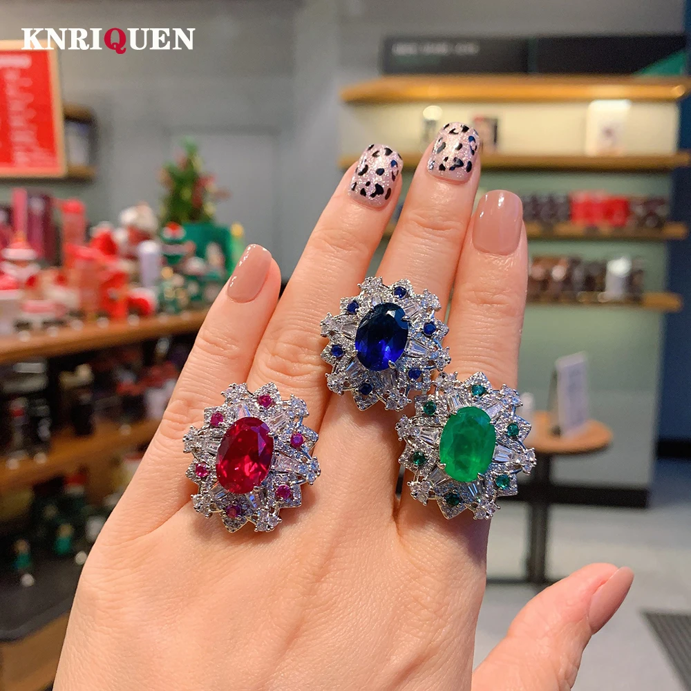 

Vintage 925 Sterling Silver 10*14mm Ruby Emerald Sapphire Flower Ring for Women Cocktail Party Wedding Fine Jewelry Charms Gift