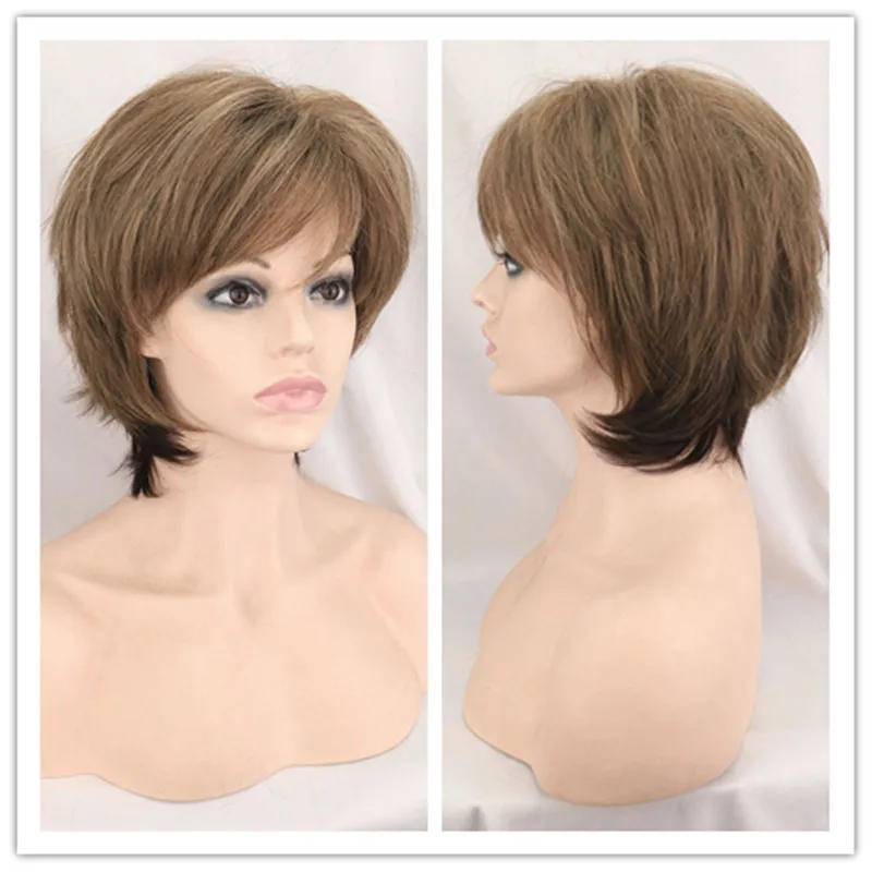 

SuQ Classical Short Curly Wig Hair Synthetic Natural For Women Highlight Pixie Cut Black Brown Heat Resistant Daily Wigs