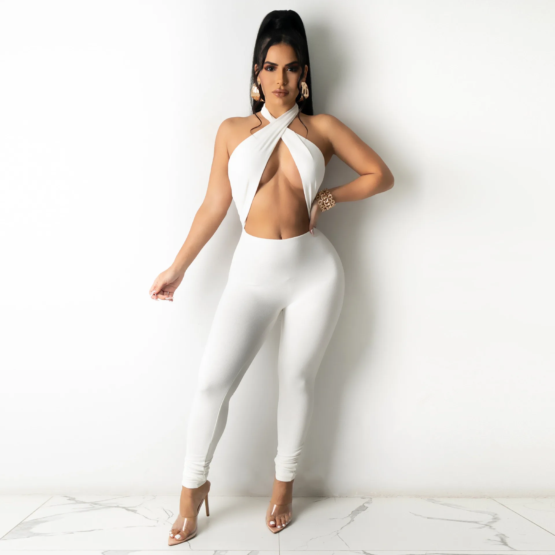 

Wefads Women's Sexy Nightclub Solid Color Halter Sexy Halter Halter Black Jumpsuit Jeans Jumpsuit Women