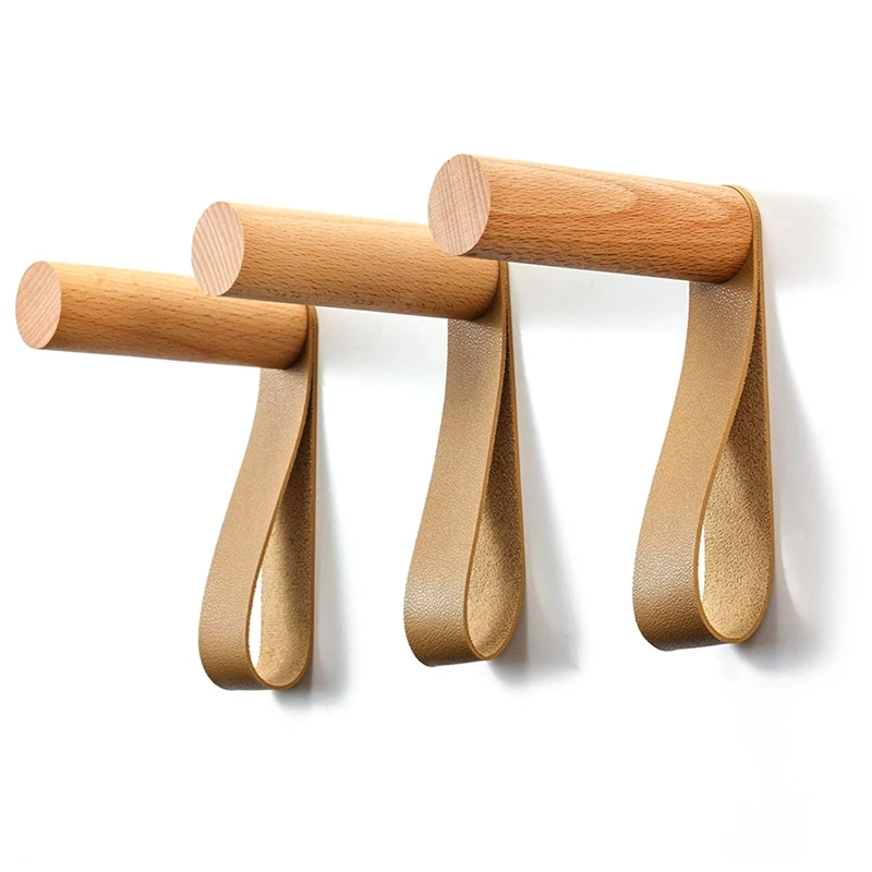

Wooden Coat Hook,Wooden Entryway Wall Hangers,Wood Wall Pegs Wall Mounted Vintage Single Hangers with Leather Wall Strap