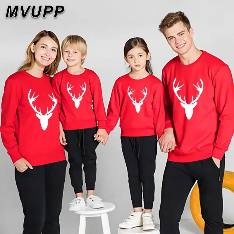 Семейные комплекты с рождественским оленем толстовки капюшоном для папы мамы