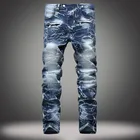 Прямые потертые байкерские джинсы для мужчин, Прямые рваные байкерские джинсы в стиле хип-хоп, облегающие джинсы в стиле панк с дырками, хлопковые брюки, Прямая поставка