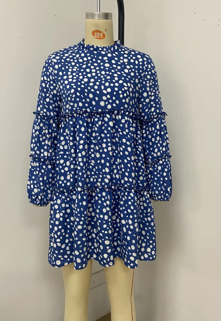 

Long Sleeve O-Neck Loose A-Line Mini Dress Women Autumn Winter Fashion Dot Print Fungus Casual Clothing Elegant Party Dresses