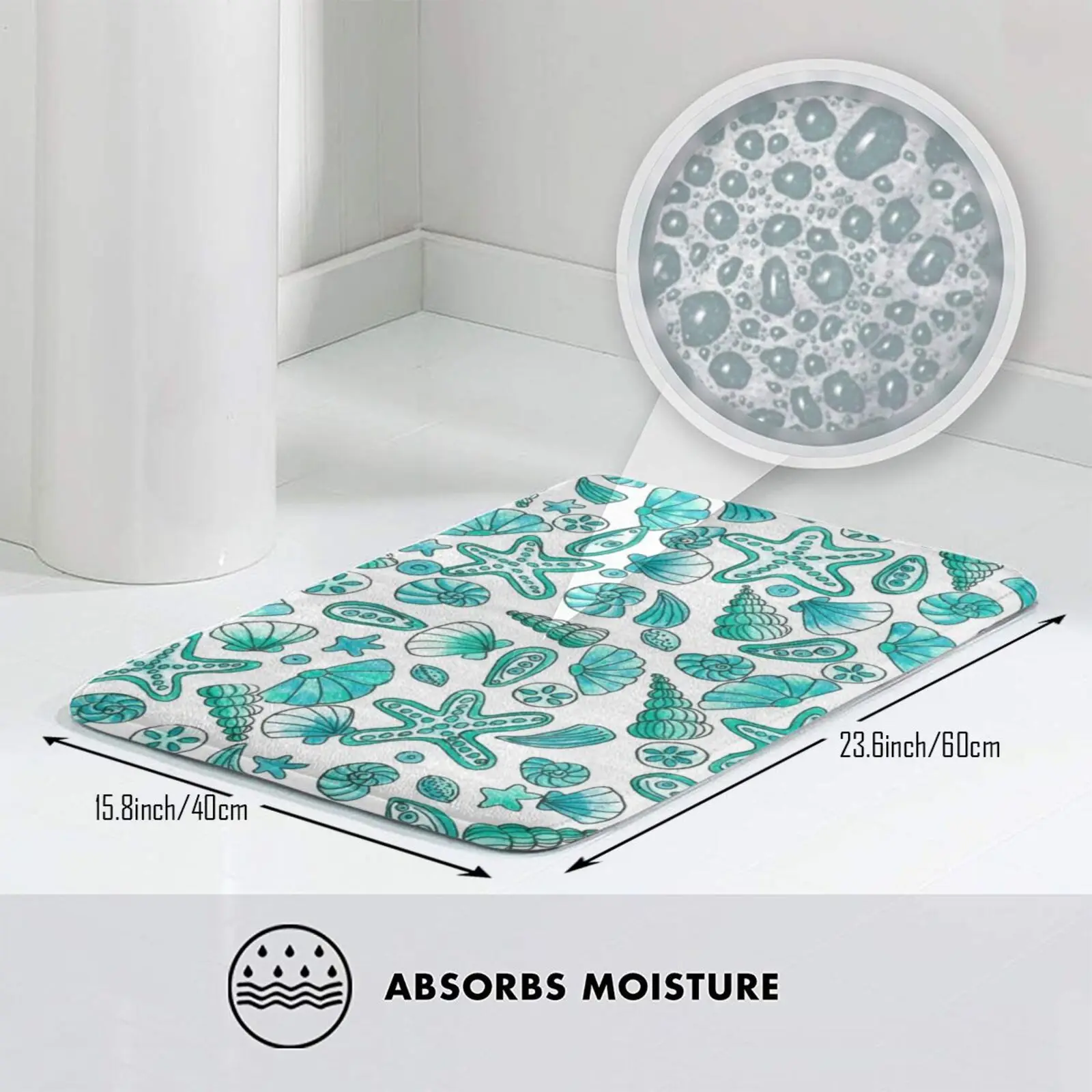 Бирюзовый коврик с ракушками нескользящий для входной двери в спальню ракушки