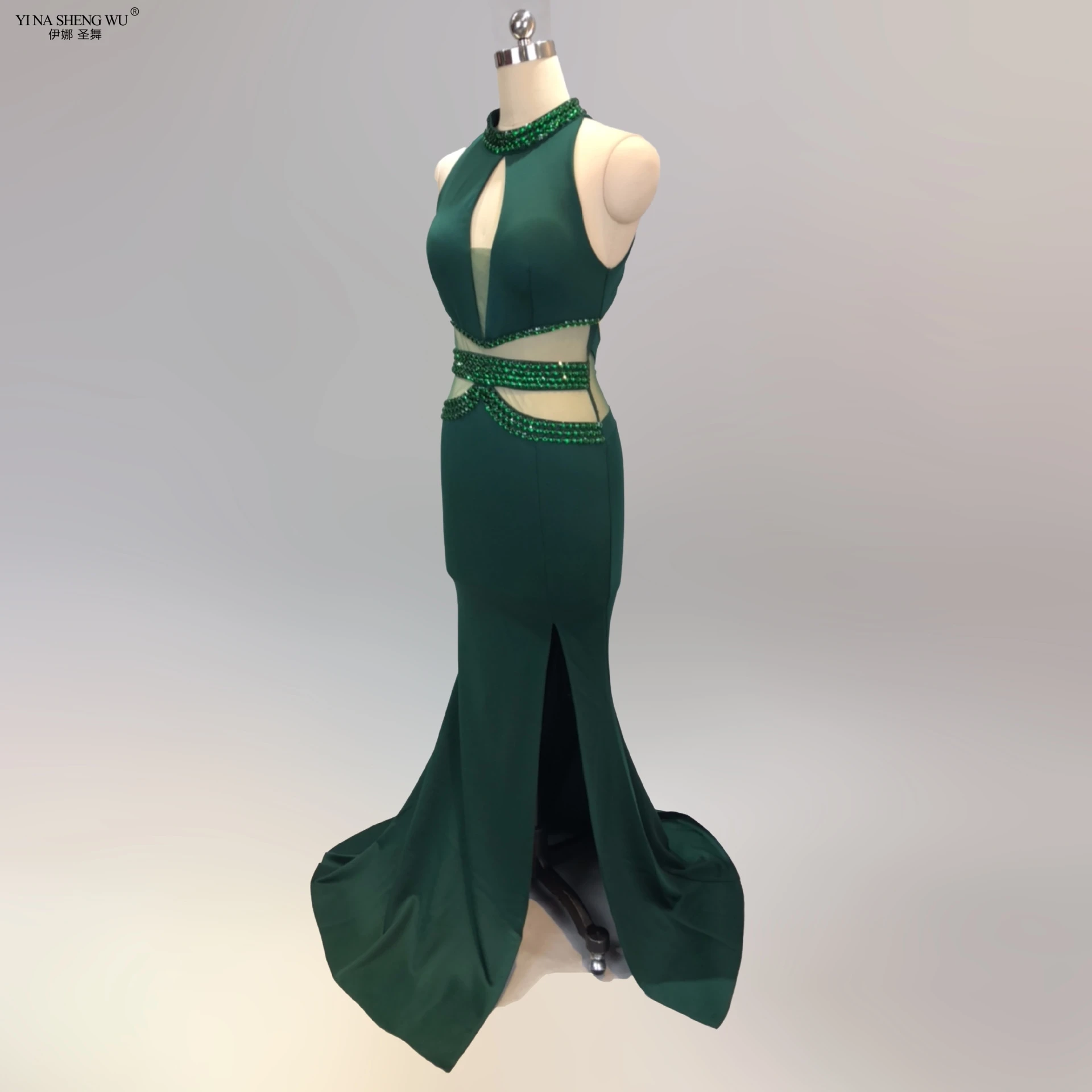 

New Sexy Rhinestone Evening Long Dress Women Sleeveless Red Elegant Party Dresses Side Slit Halter Robe Mermaid Formal Club Gown